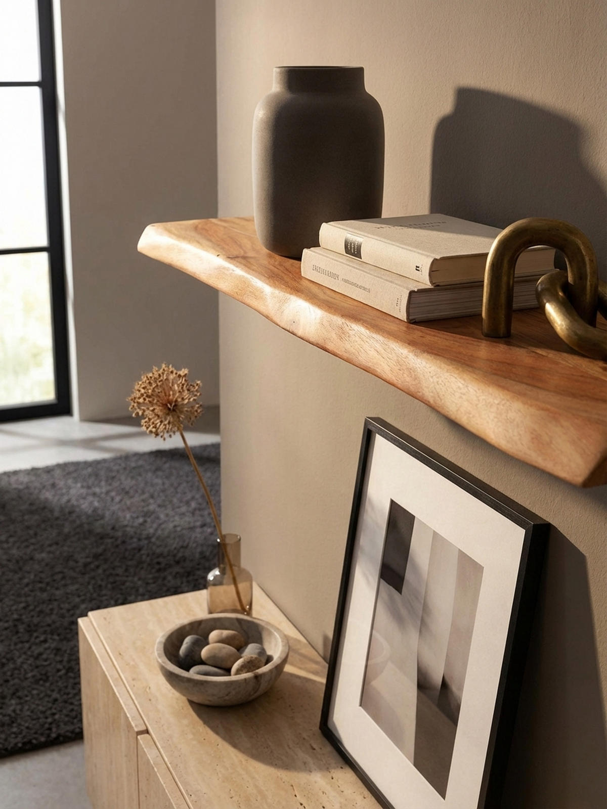 WANDREGAL Akazienholz Baumkante Rustikal, Beige 80x25x4 cm - Beige, Holz (80/4/25cm) - KADIMA DESIGN