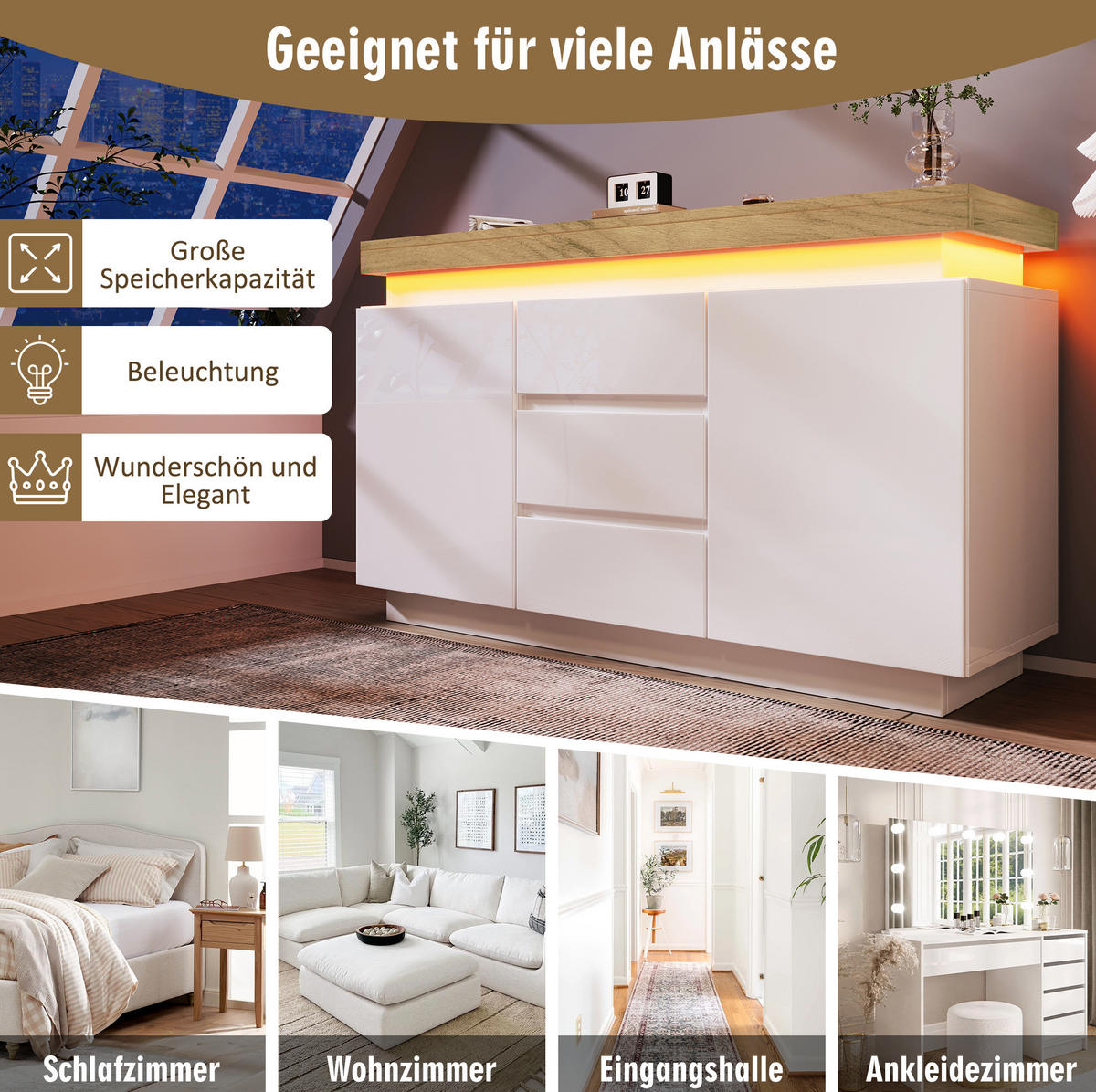 KOMODA 140 cm v beli visoki sijaj z LED-osvetlitvijo in 2 vrati - bela, leseni material (39/81/140cm) - OKMYHOME