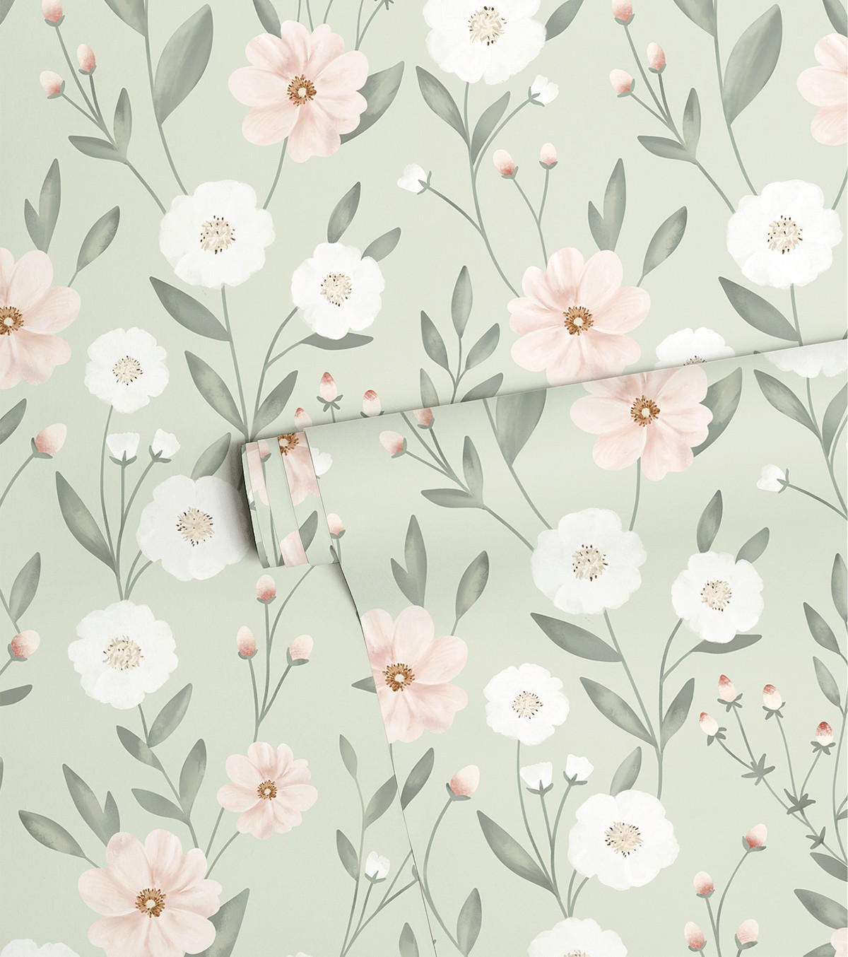 VLIESTAPETE Eden rosa Blumen 50 cm x 10 m grüner Hintergrund - Salbeigrün/Hellrosa, Papier (50/1000cm) - Lilipinso