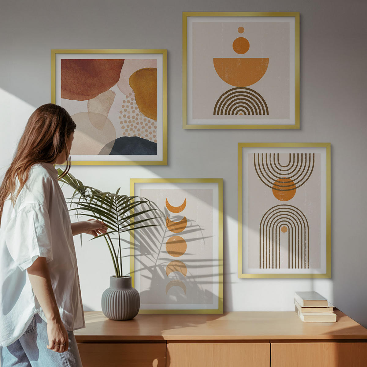 BILDER SET 4er Set - 50x50 cm & 40x60 cm Goldrahmen - Boho-minimalistische Dekorationen - Goldfarben, Kunststoff (50/50cm) - TULUP