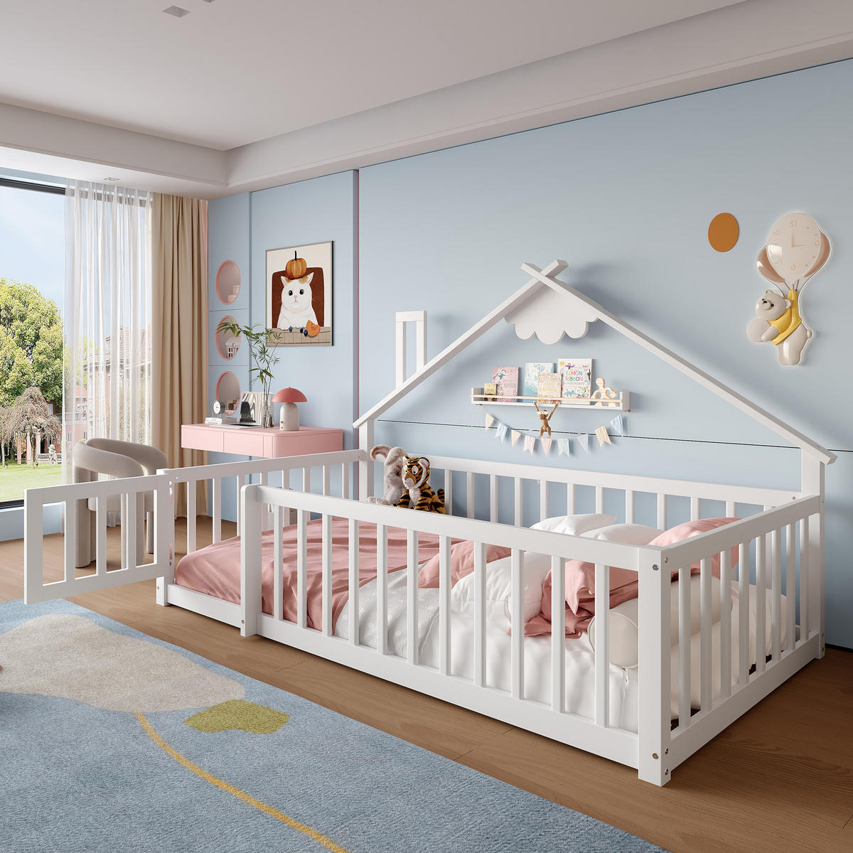 FLACHBETT 90x190cm Weiß Kiefer Kinderbett Hausleiste Geländer - Weiß, Holz (90/190cm) - FLIEKS