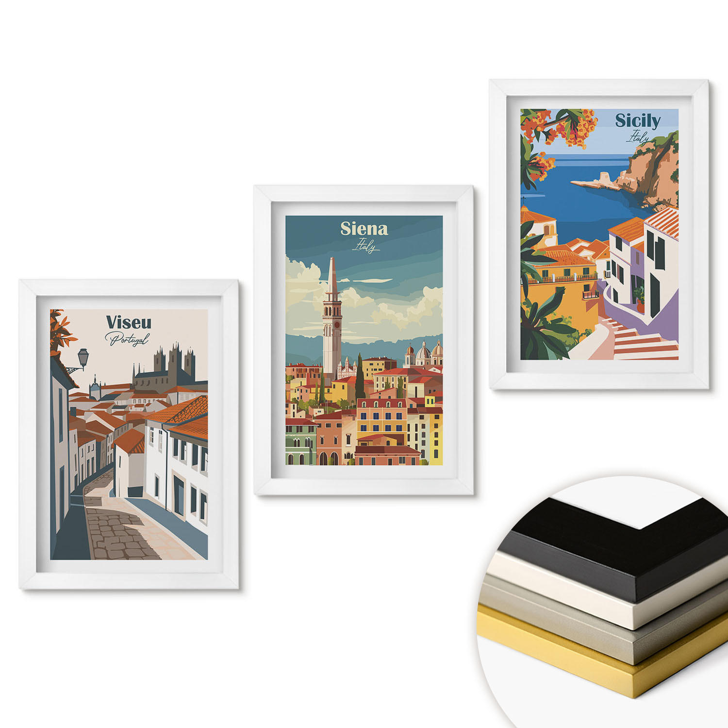 WANDBILDER 3er-Set - 20x30 cm Weißer Rahmen - Retro-Illustrationen von Weltstädten - Weiß, Kunststoff (20/30cm) - ArtPrintCave
