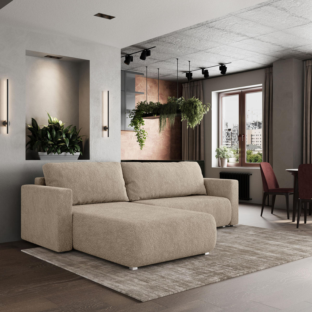 ECKSOFA TURIN N Beige Bucle-Stoff mit Schlaffunktion - Beige/Grau, Holz/Kunststoff (265/183cm) - MASSENO