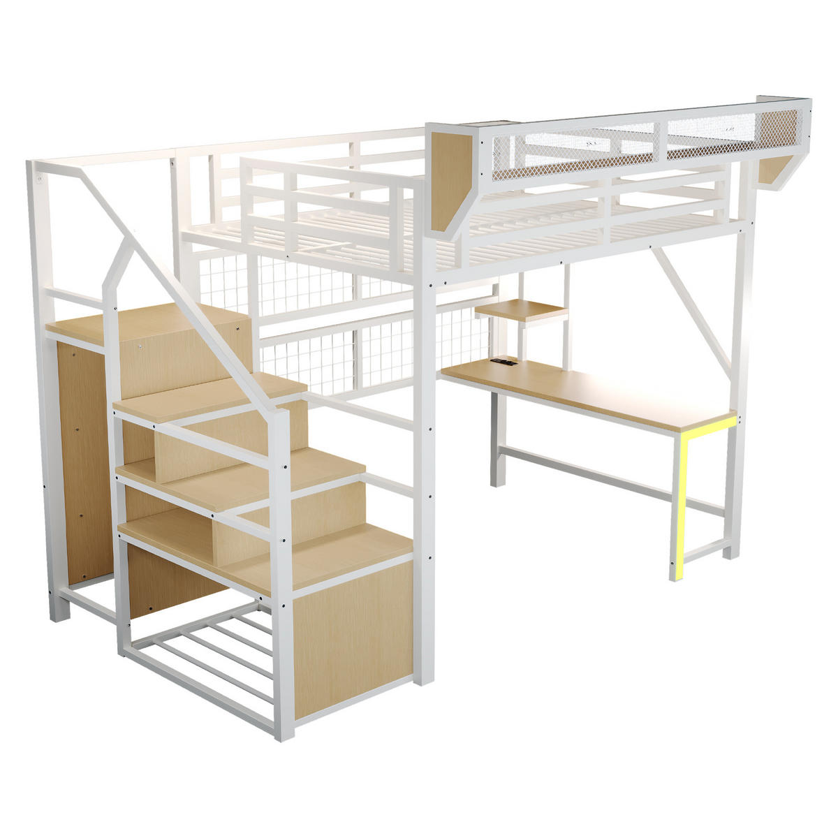 HOCHBETT 140/200 cm DE-01535, in Weiß, mit Schreibtisch, LED-Beleuchtung und Steckdose - Weiß, Metall (140/200cm) - ComfortXL