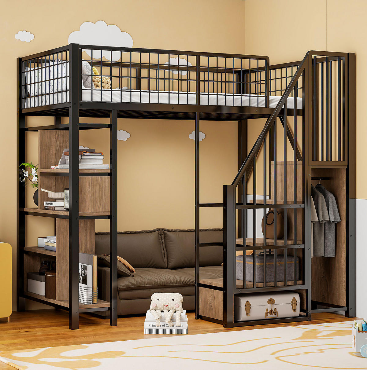 HOCHBETT 90/200 cm, schwarz mit Stauraumtreppe für kleine Räume - Schwarz, Metall (90/200cm) - MIVRAY