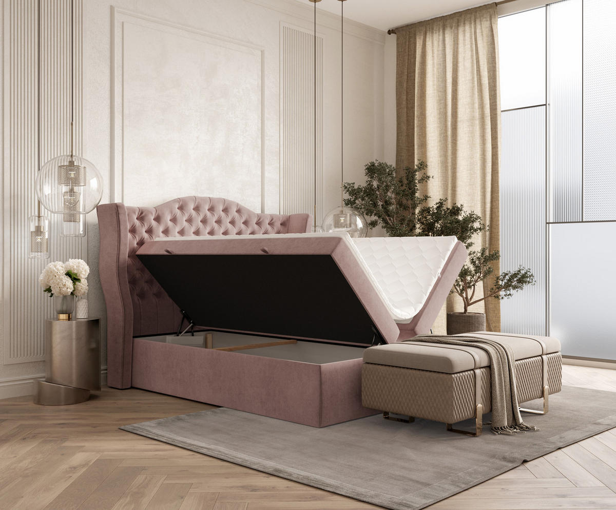 BOXBETT Royal Rosa 160/200 cm im Samtstoff - Pink/Schwarz, Holz/Holzwerkstoff (160/200cm) - Maison de Reve