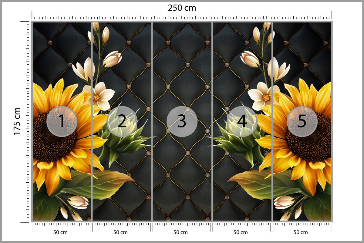 FOTOTAPETE für Küche Blume Sonnenblumen auf gestepptem Hintergrund 250x175 - Gelb/Schwarz, Papier (250/175cm) - Muralo