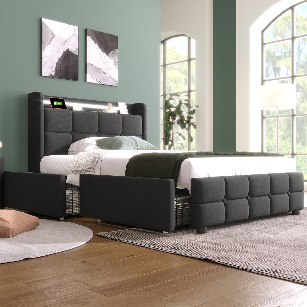 POLSTERBETT 90/200 cm grau aus Holz mit Matratze, LED, USB und 2 Schubladen - Grau, Holzwerkstoff (90/200cm) - OKWISH