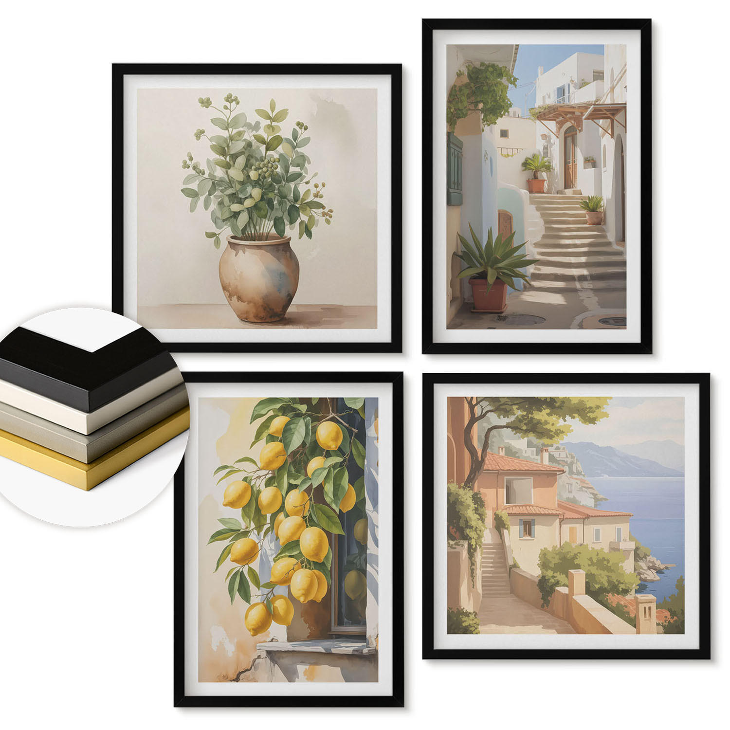 WANDBILDER 4er-Set - 50x50 cm & 40x60 cm Schwarzer Rahmen - Zitronenblumen im Topf, Straßen - Schwarz, Kunststoff (50/50cm) - ArtPrintCave