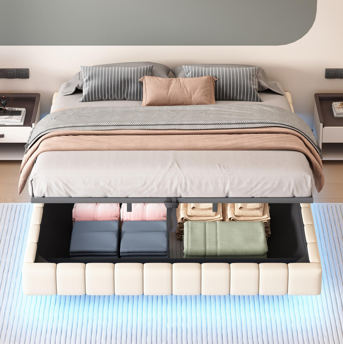 POLSTERBETT 180/200 cm Beige mit Stauraum und LED-Beleuchtung - Beige, Textil (180/200cm) - Flora Grace