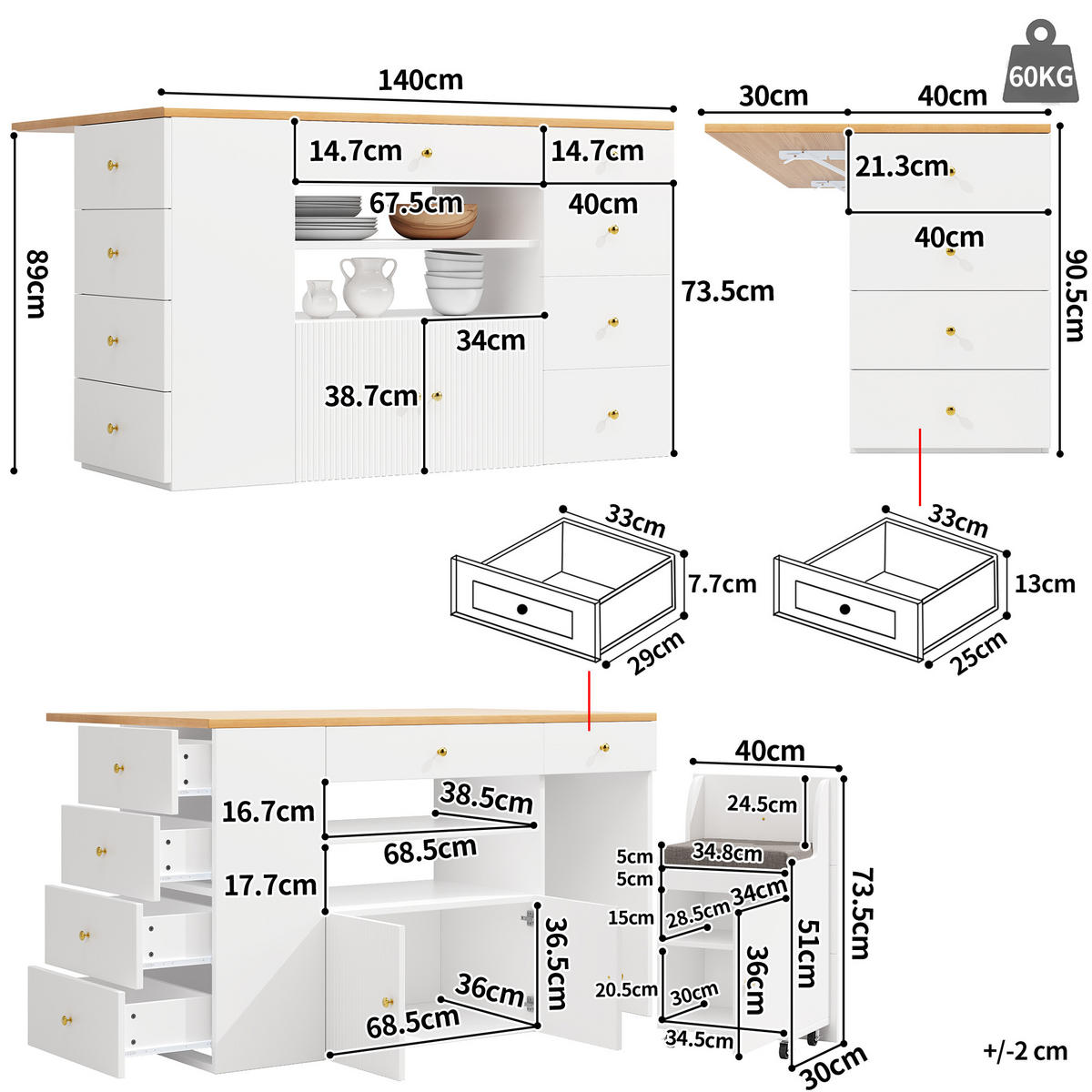 KÜCHENINSEL 140x70x89cm Weiß mit 6 Schubladen, Hocker & Metallgriffen - Weiß, Holzwerkstoff (140/89/70cm) - Modfu