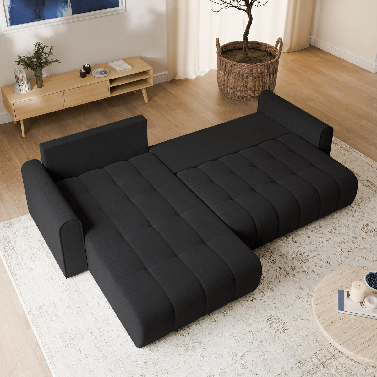 ECKSOFA FRIGA Schwarz Strukturstoff mit Schlaffunktion - Schwarz, Holz (283/185cm) - MASSENO