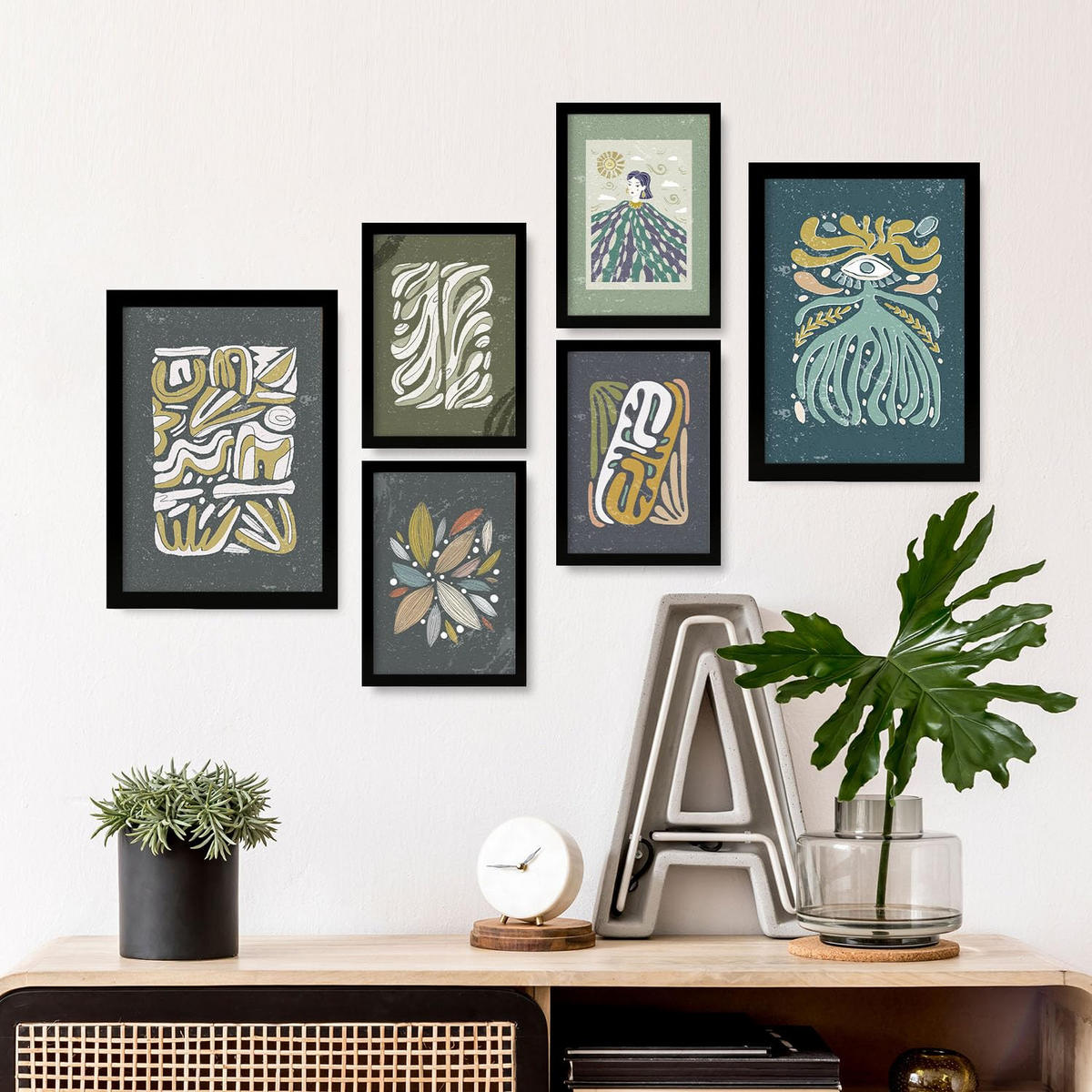 POSTER Set Mit 6 Drucken Mit Kalten Tönen In Der Sammlung Ethnischer Style Drucke Dekorative Für Zuhause Wandkunstdruck A3 & A4 Schwarzer Rahmen - Schwarz, Papier (29/3cm) - Nacnic