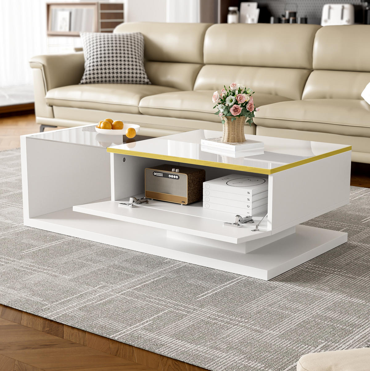 COUCHTISCH 100/50/32,5 cm in Weiß mit LED-Beleuchtung und Glasplatte - Weiß, Holzwerkstoff (100/50/32.5cm) - Flora Grace