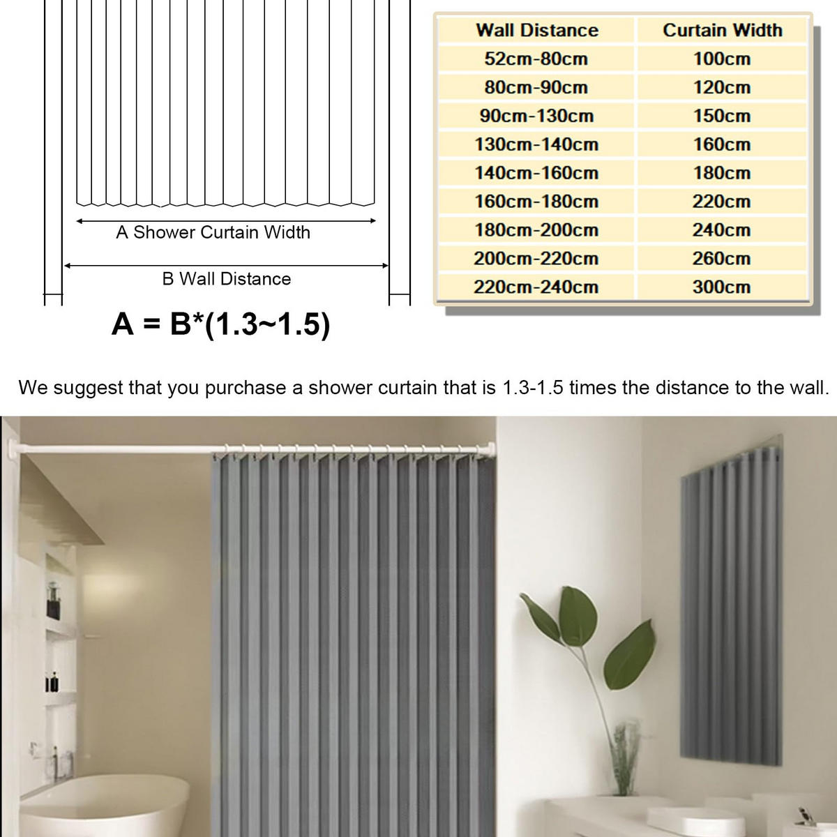 DUSCHVORHANG Grau 220 x 200 cm magnetisch faltbar Leinen schimmelresistent mit Haken - Grau, Textil (220/200cm) - MCBOSON