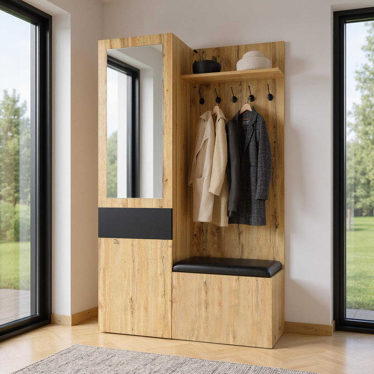 GARDEROBE mit Spiegel und Aufbewahrung 2 Türen und 3 Ablageflächen - Eichefarben, Holzwerkstoff/Metall (98/191/38cm) - Urban Meuble