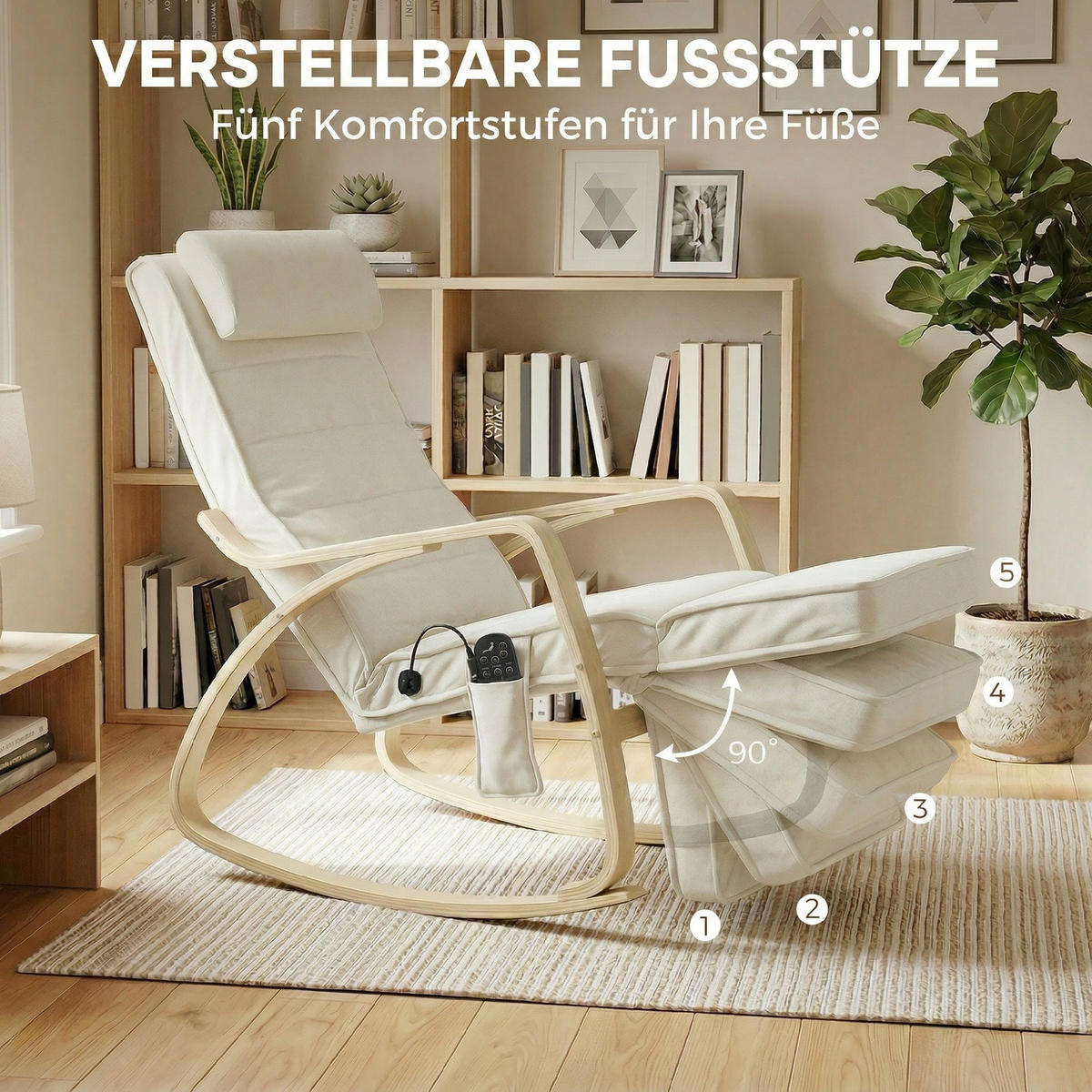 SCHAUKELSTUHL DE-07601 mit Massage, Heizung und verstellbarer Kopf- & Fußstütze Cremeweiß - Creme, Textil (67/92/106cm) - ComfortXL
