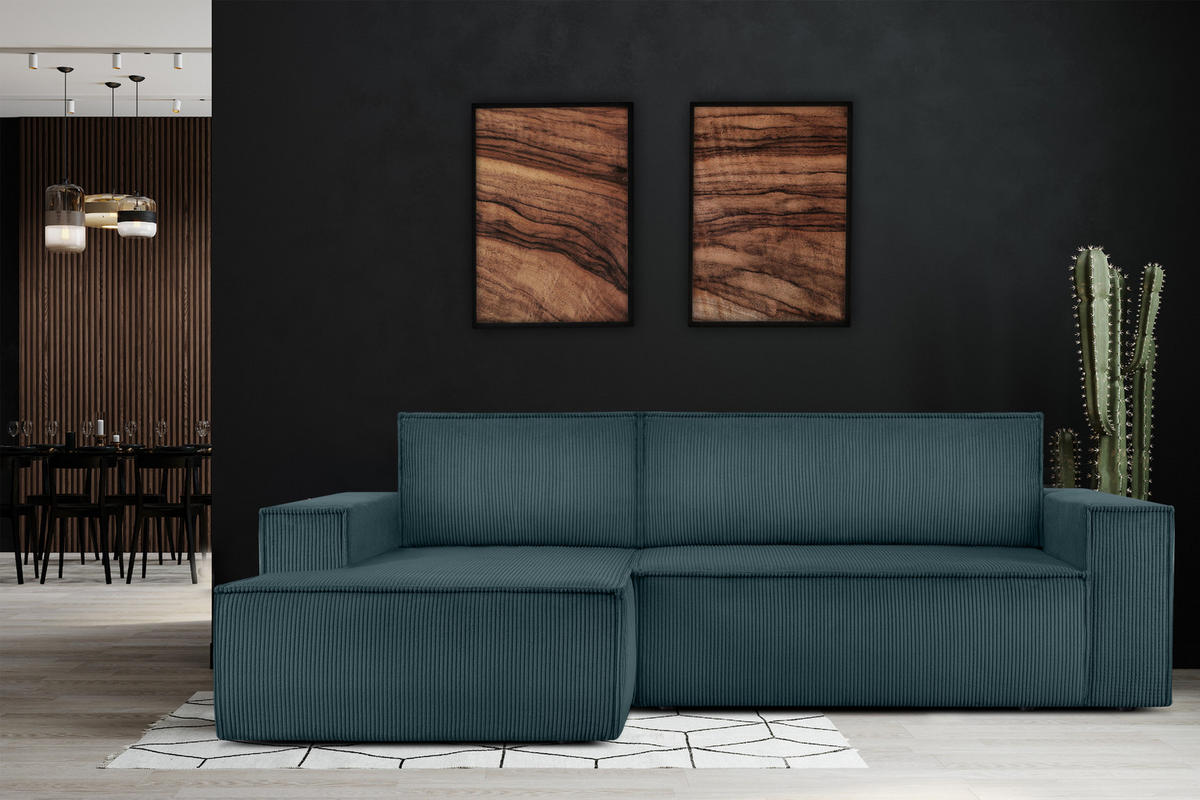 ECKSCHLAFSOFA-LINKS NAPI in Pet Friendly Cord-Stoff, blau - Blau/Schwarz, Textil (262/148cm) - KONSIMO®