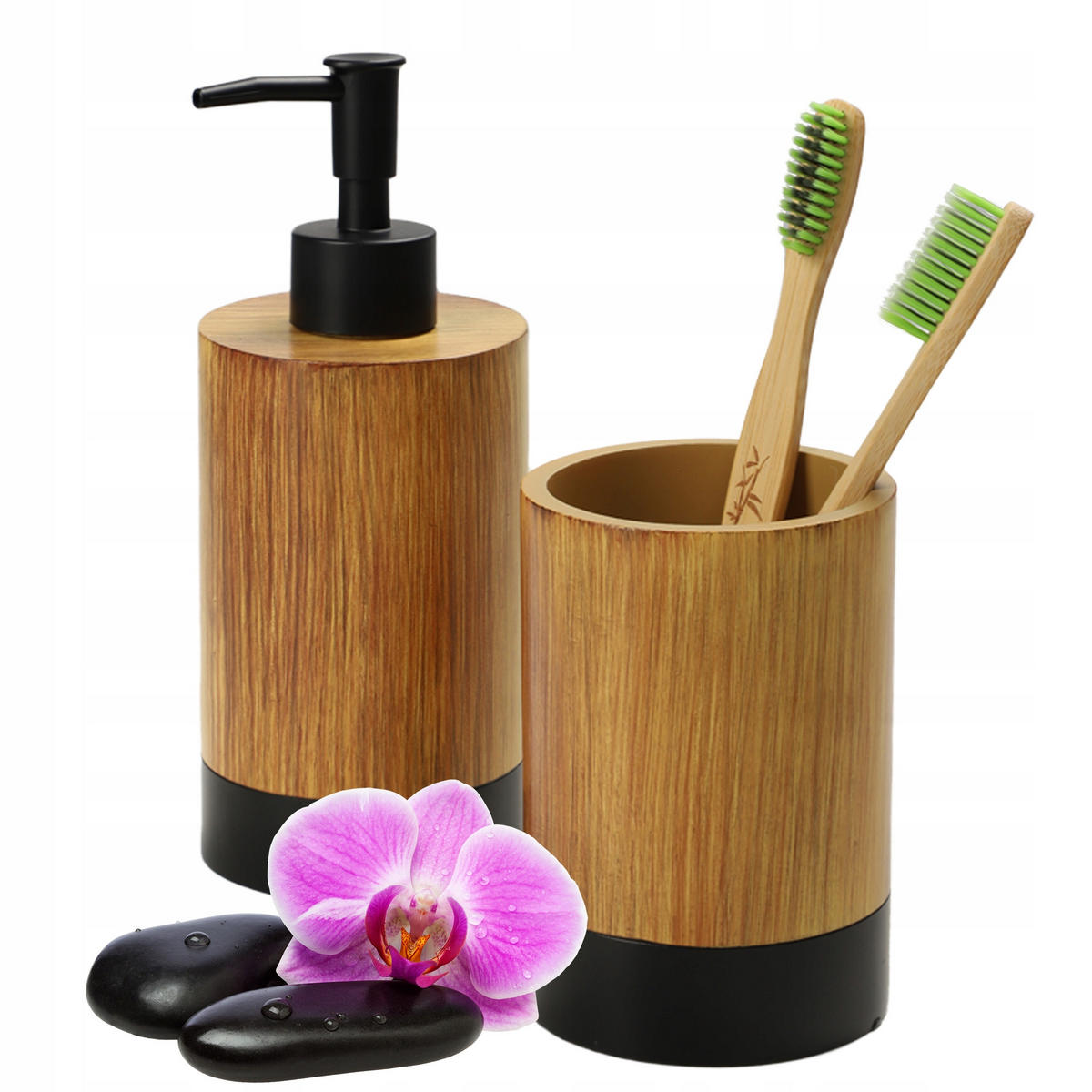 BADEZIMMERSET SEIFENSPENDER + Badezimmerbecher-Set - Braun, Kunststoff (8/19cm) - KADAX
