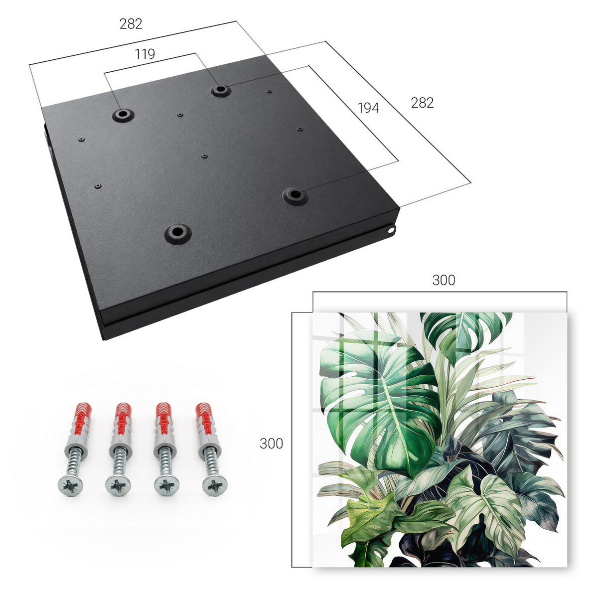 SCHLÜSSELBOX Schwarz 30x30 cm- Türöffnung nach rechts - Exotische Blätter - Grün, Metall (30/30/5cm) - TULUP