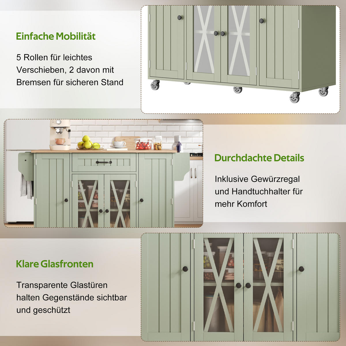 KÜCHENINSEL Auf Rollen Grün mit Klappbarer Platte & Stauraum - Grün, Holzwerkstoff (120/90/69cm) - Urban Meuble