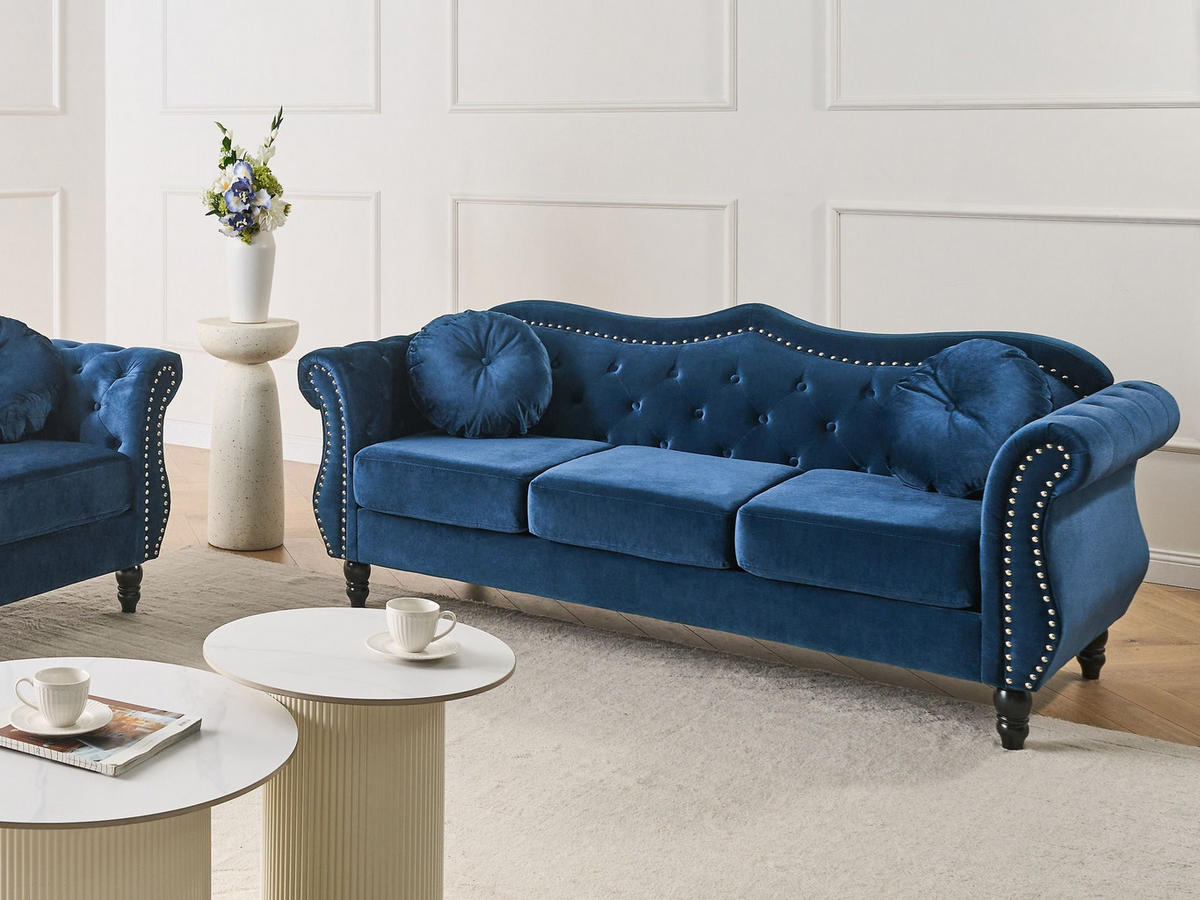 3-SITZER-SOFA Samtstoff Marineblau Skien - Hellblau, Textil (204/86/78cm) - Beliani