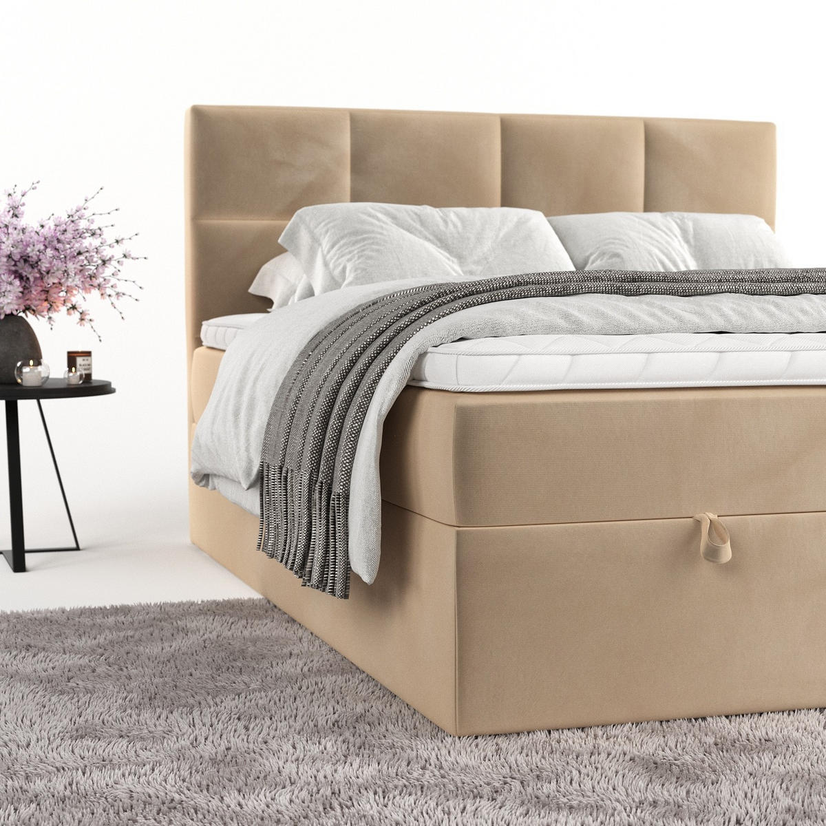 BOXBETT Velto 200/200 cm Beige im Kronos Stoff - Beige/Schwarz, Holz/Holzwerkstoff (200/200cm) - AltaBeds