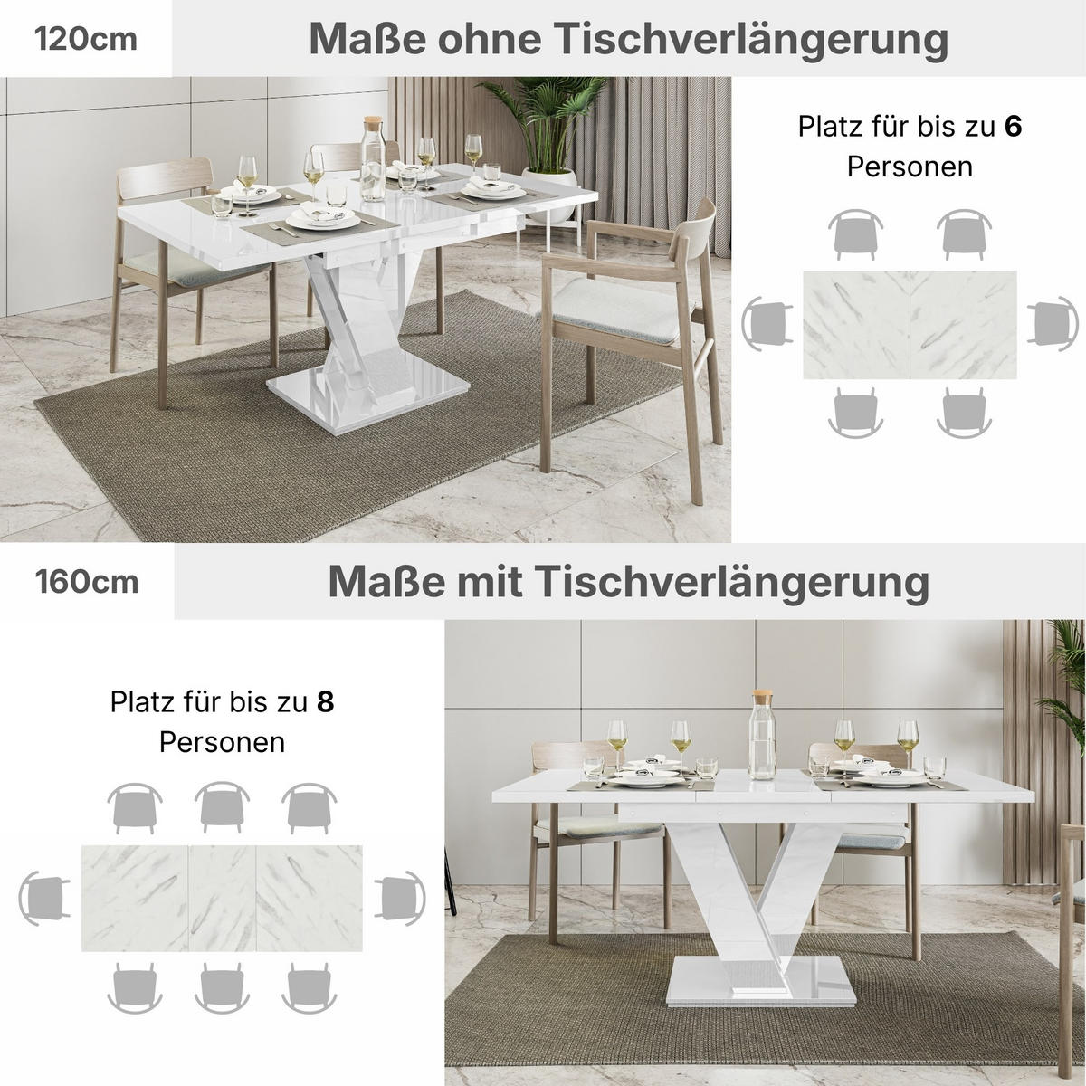 ESSTISCH Weiß Hochglanz Ausziehbar 120 - 160 cm - Weiß Hochglanz, Holzwerkstoff (120/80/75cm) - PROSPERO