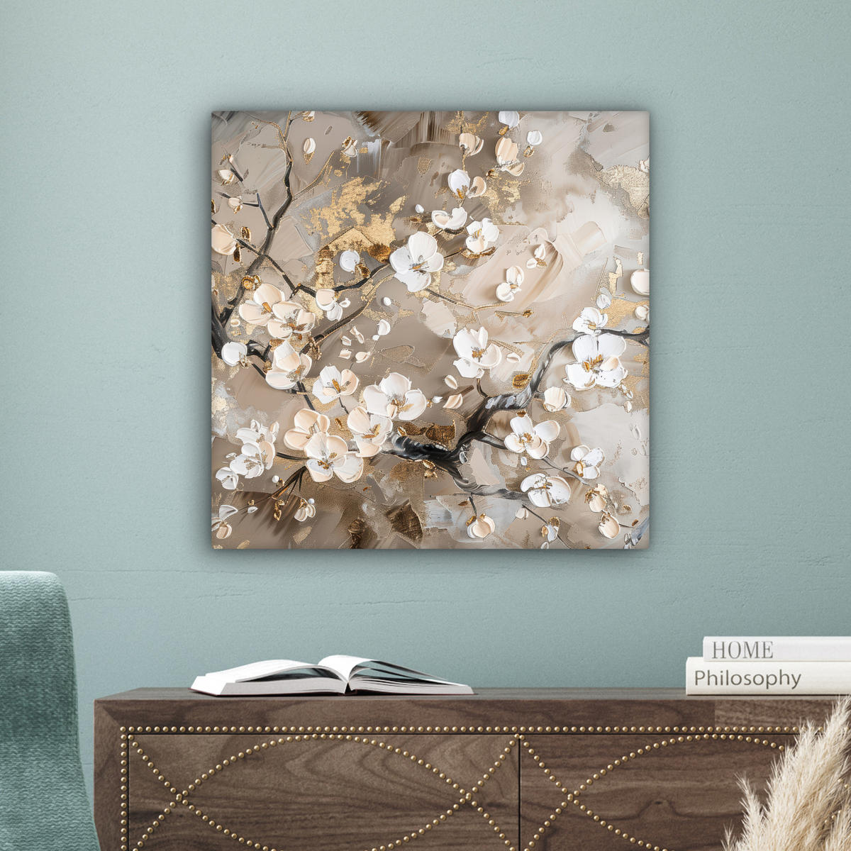 LEINWANDBILD - Blumen - Weiß - Gold - Beige - Luxus - 50x50 - Room Decor - Greige, Textil (50/50cm) - MuchoWow