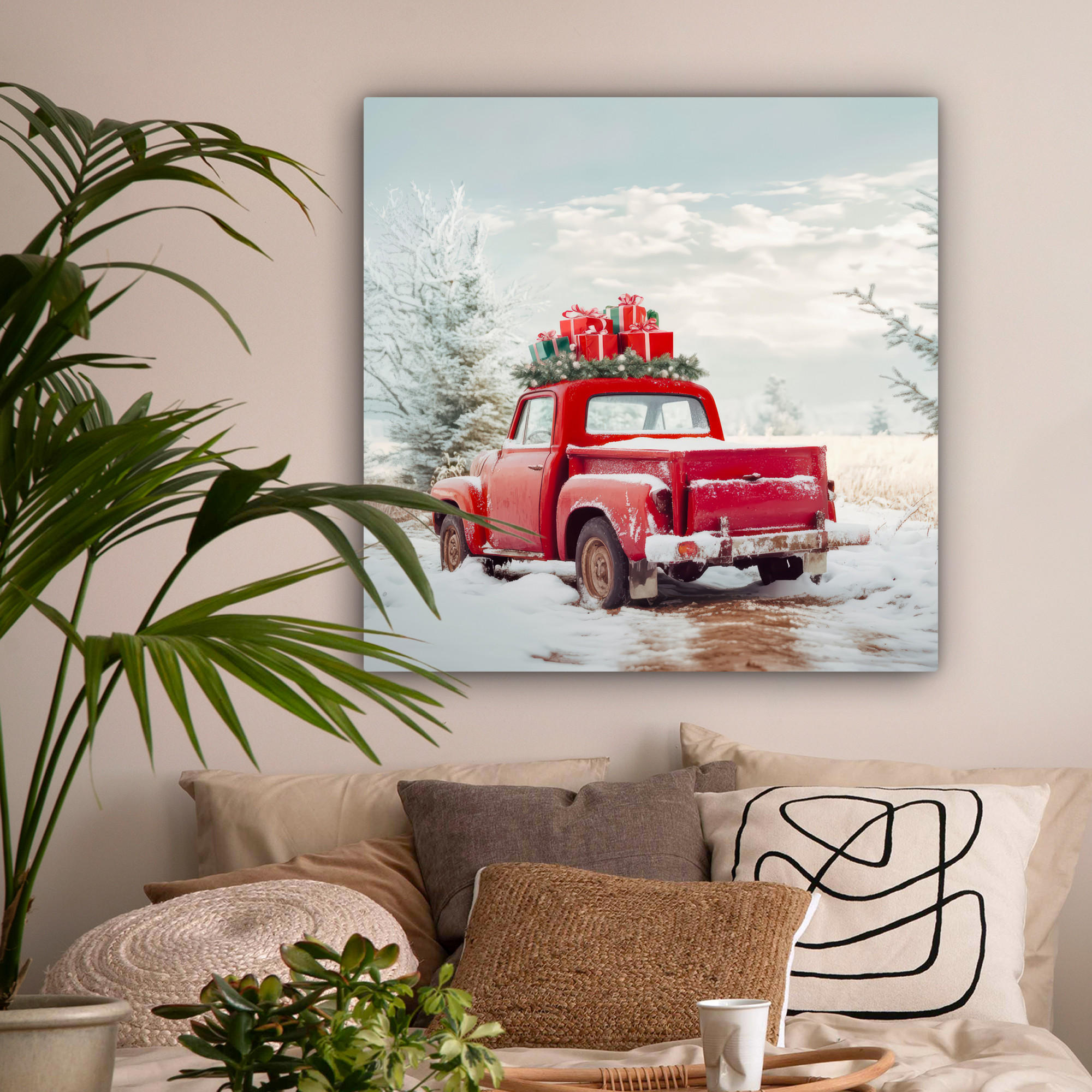 LEINWANDBILD Auto - Rot - Geschenke - Winter - Schnee - Weihnachten 90x90 cm - Rot, Textil (90/90cm) - MuchoWow
