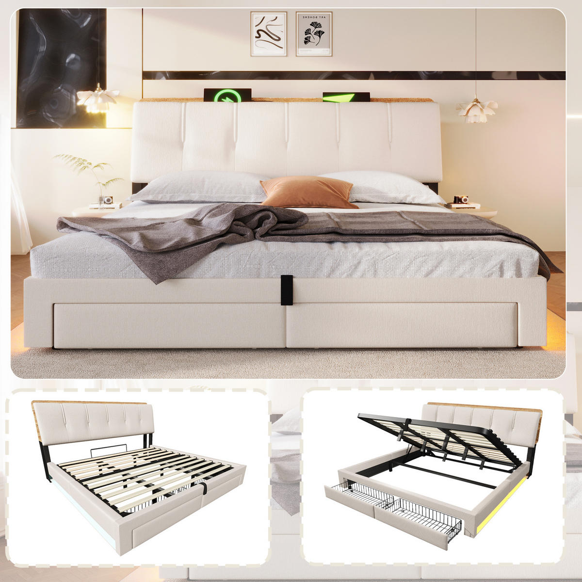 POLSTERBETT 180/200 cm mit USB-, Typ-C-Anschluss, LED und hydraulischem Stauraum, Leinen, Beige - Beige, Textil (180/200cm) - Redom