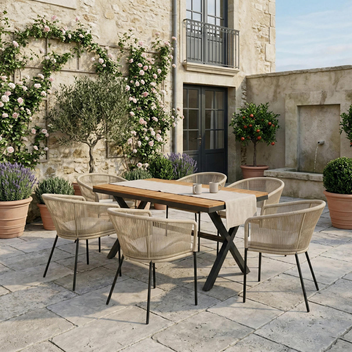 GARTEN ESSGRUPPE 140 cm Akazienholz & Seilgeflecht Beige Outdoor Esstischset mit 6 Sesseln - Beige, Metall - Urban Meuble