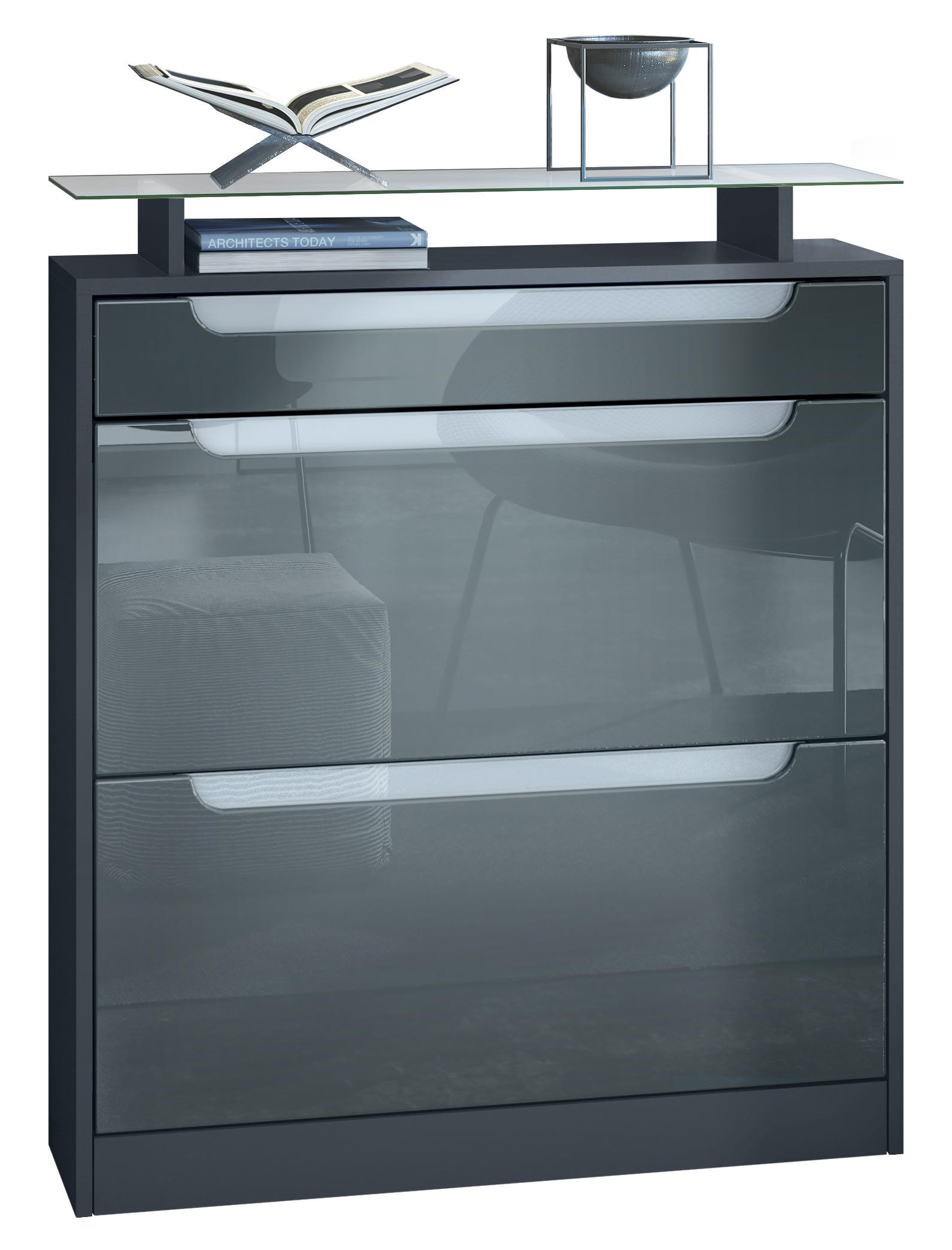 SCHUHSCHRANK Fiesta Fronten in Grau Hochglanz, Griffmulden in Weiß Hochglanz - Grau, Holzwerkstoff (89/104/23cm) - Vladon