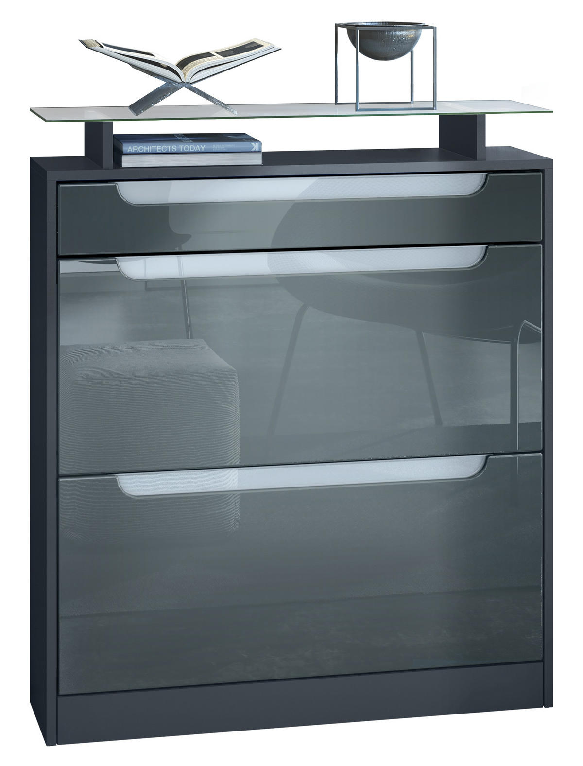SCHUHSCHRANK Fiesta Fronten in Grau Hochglanz, Griffmulden in Weiß Hochglanz - Grau, Holzwerkstoff (89/104/23cm) - Vladon