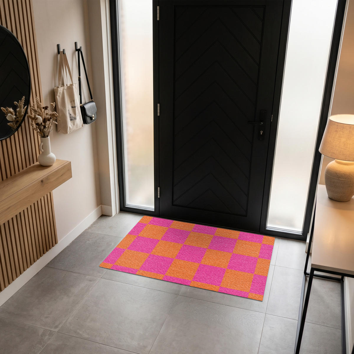 ROHOŽKA Šachovnicový potisk - Oranžová - Růžová - Bloky 120x80 cm - růžová, textil/umělá hmota (120/0.4cm) - MuchoWow