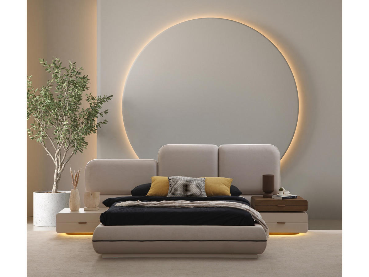 BETTANLAGE Valenica Typ-1 Bett mit Kopfteil 2 Nachttischen Kommode und Kleiderschrank - Beige, Holzwerkstoff (160/200cm)