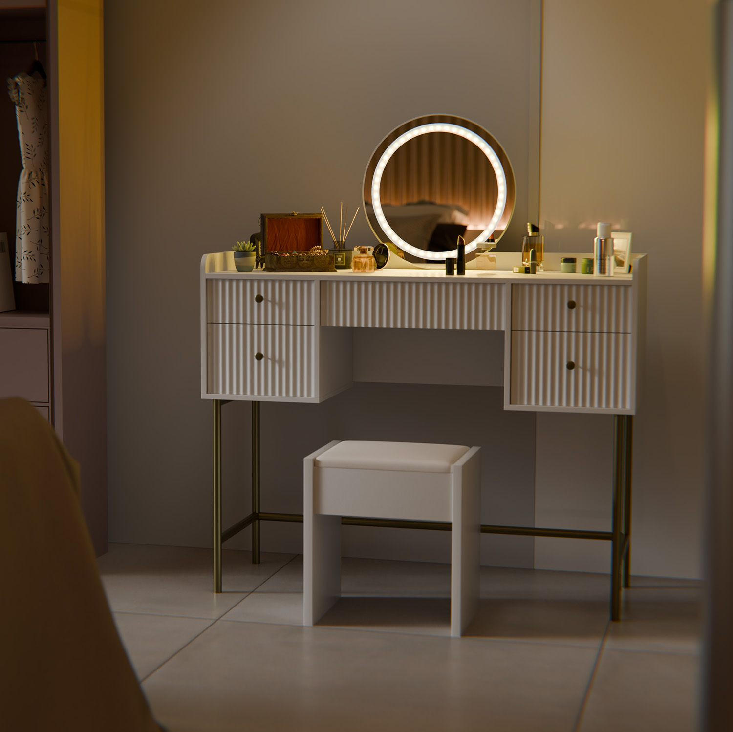 SCHMINKTISCH Samira weiß/gold mit Touch-LED-Spiegel und Hocker Melly - Weiß, Holz (115/137/40cm) - Juskys