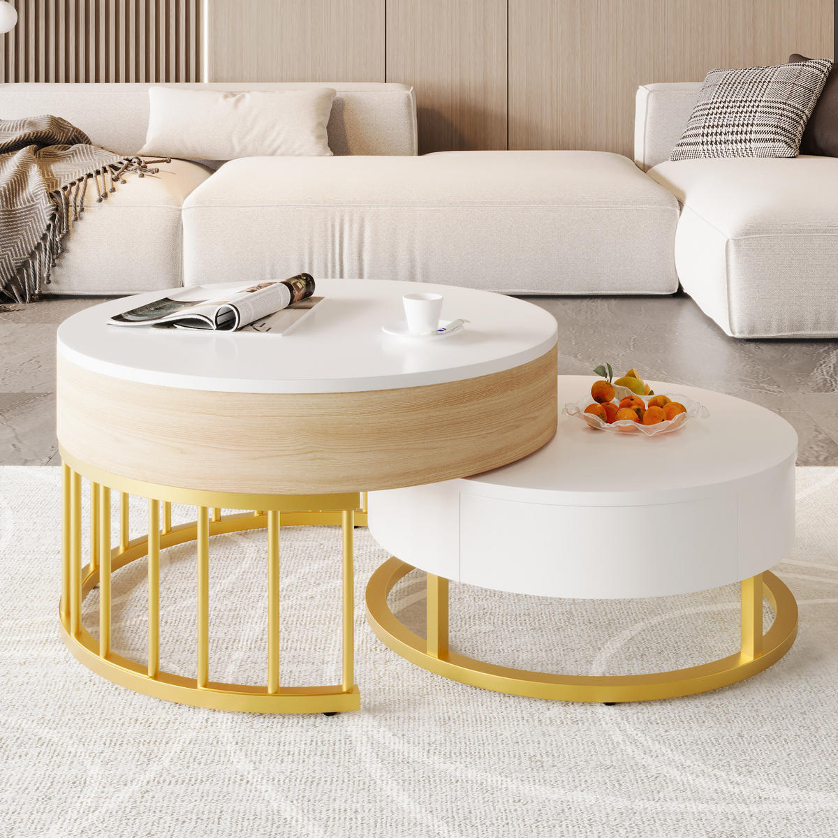 COUCHTISCH rund höhenverstellbar Goldgestell - Weiß, Holz (70/70/56cm) - LEBENLANG