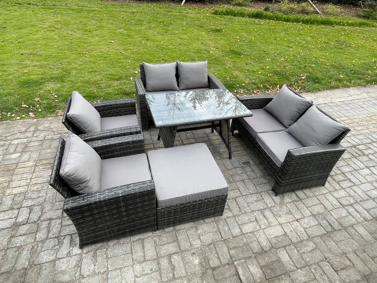 GARTENMÖBELSET mit ESSTISCH,HOCHLEHNER-SOFA Polyrattan Dunkelgrauer Mix 7-Sitzer - Dunkelgrau/Grau, Glas/Kunststoff - Fimous