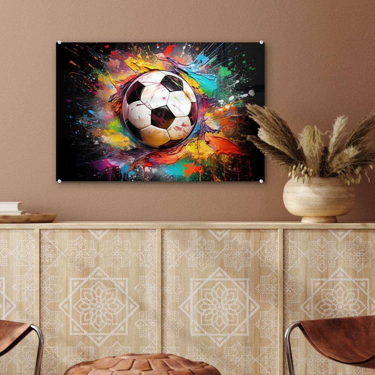 ACRYLGLASBILD Fußball - Farbe - Farben - Schwarz - Weiß 60x40 cm - Weiß, Glas (60/40cm) - MuchoWow