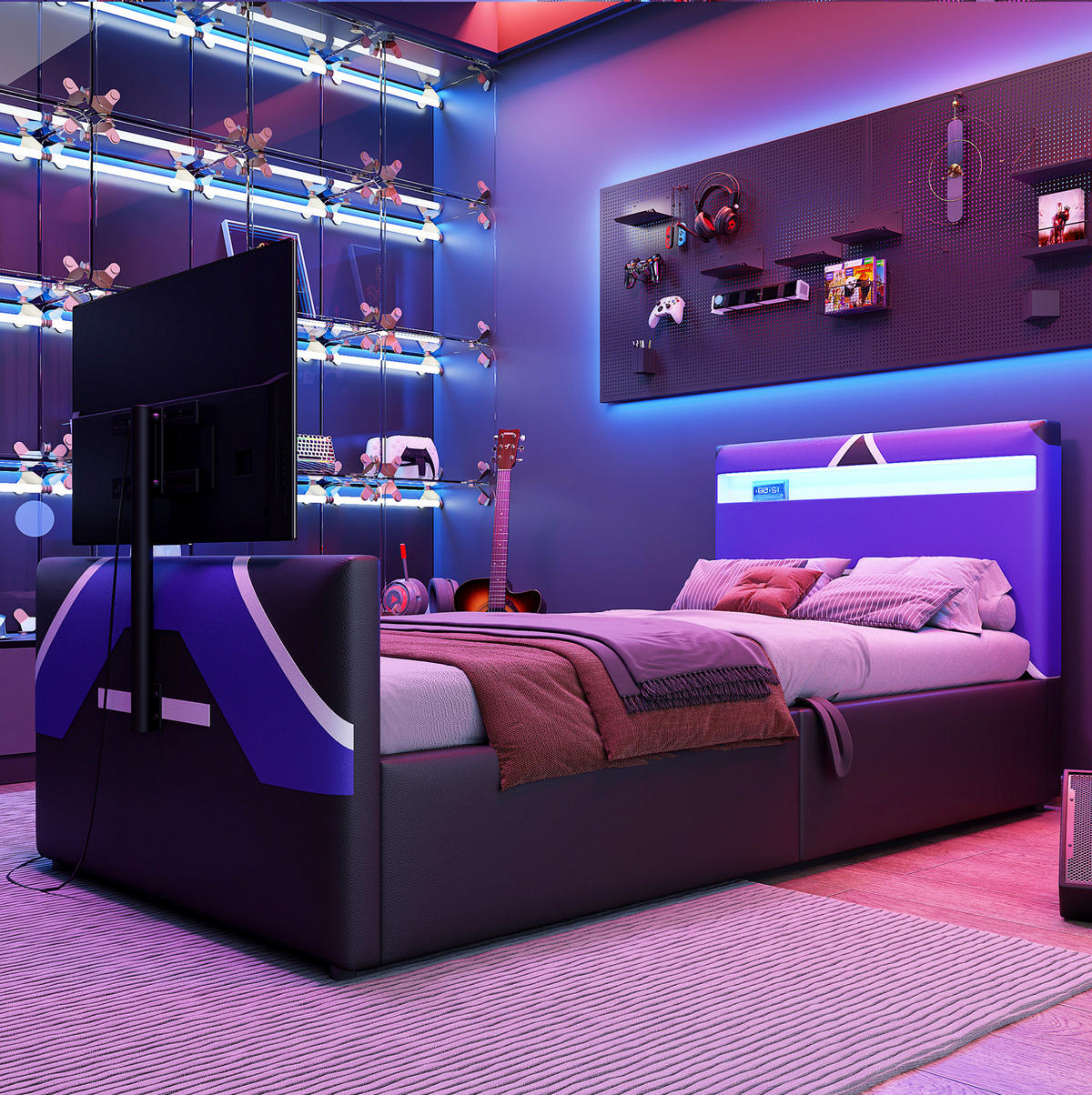 KINDEREINZELBETTEN aus Kunstleder 90x200 cm in Schwarz mit LED & TV-Halterung - Schwarz, Leder (90/200cm) - Modfu
