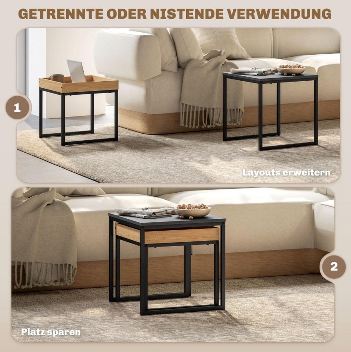 COUCHTISCH-SET 45/45/45 und 40/40/40 cm, ineinanderstellbar mit abnehmbarem Tablett und Stahlgestell, Schwarz - Schwarz, Metall (45/45/45cm) - Modfu