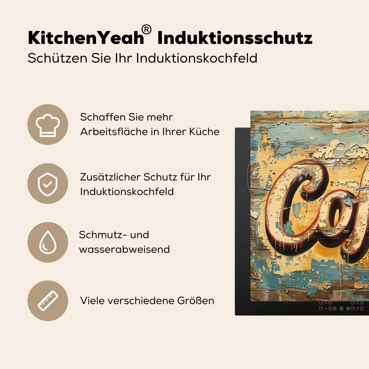 HERDABDECKPLATTE Kaffee - Vintage - Braun - Tasse Herdabdeckung Induktionsfeld 70x52 cm - Teakfarben, Kunststoff (70/52/0.2cm) - MuchoWow