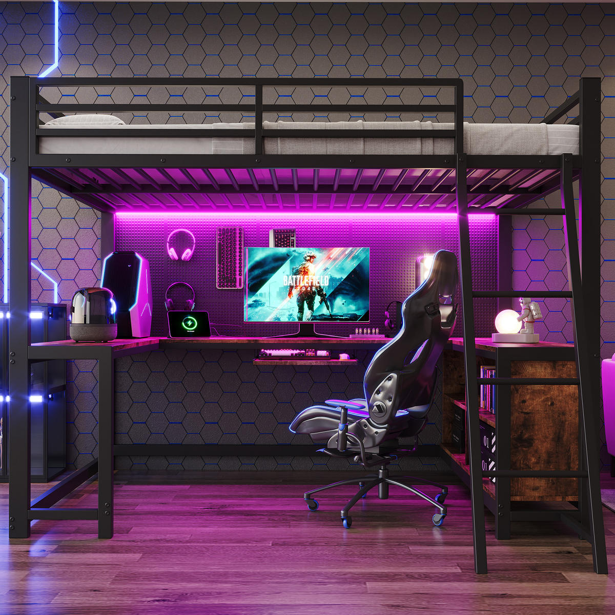 HOCHBETT 120/200 cm mit 3-seitigem Schreibtisch und LED, DE-41767, in Schwarz - Schwarz, Metall (120/200cm) - ComfortXL