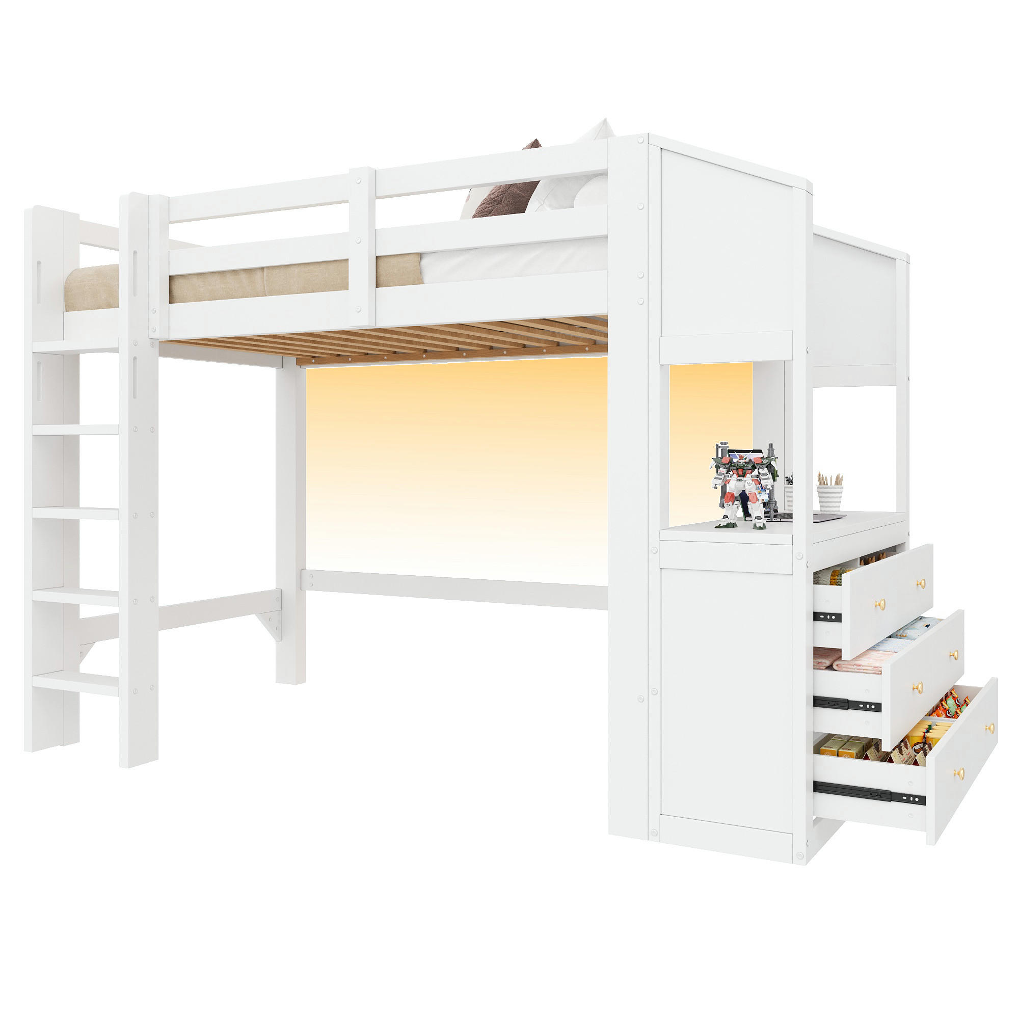 HOCHBETT weiß 90 × 200 cm aus Kiefernholz‑MDF mit 3 Schubladen und Regalen, LED‑Beleuchtung - Weiß, Holzwerkstoff (90/200cm) - Luhomfu
