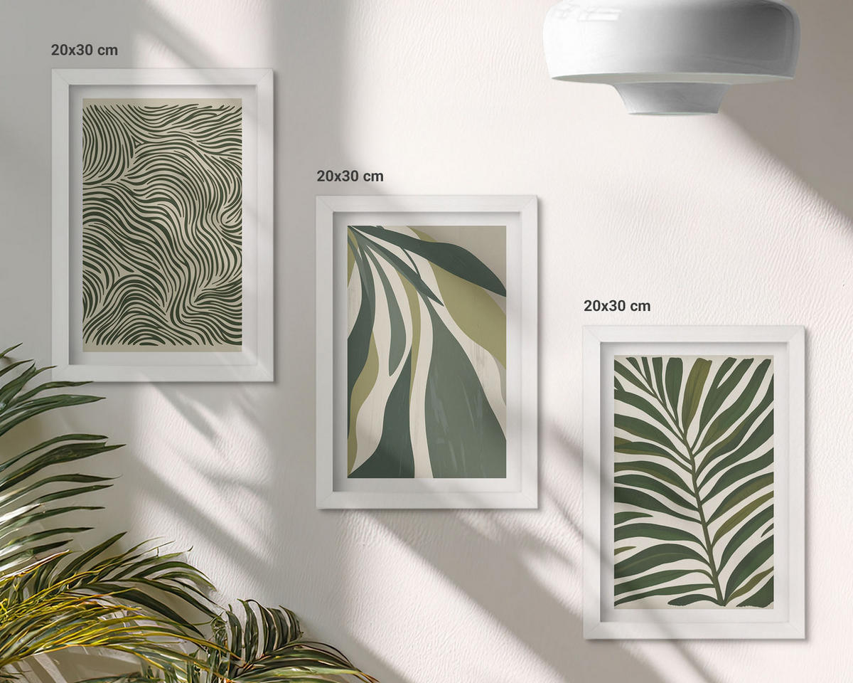 WANDBILDER 3er-Set - 20x30 cm Weißer Rahmen - Blätter mit wellenförmigen grünen Linien - Weiß, Kunststoff (20/30cm) - ArtPrintCave