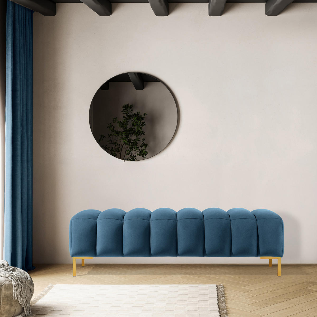 POLSTERBANK Bettbank PECCO, Metallbeinen - Blau/Goldfarben, Holz/Textil (160/50/50cm) - KONSIMO®