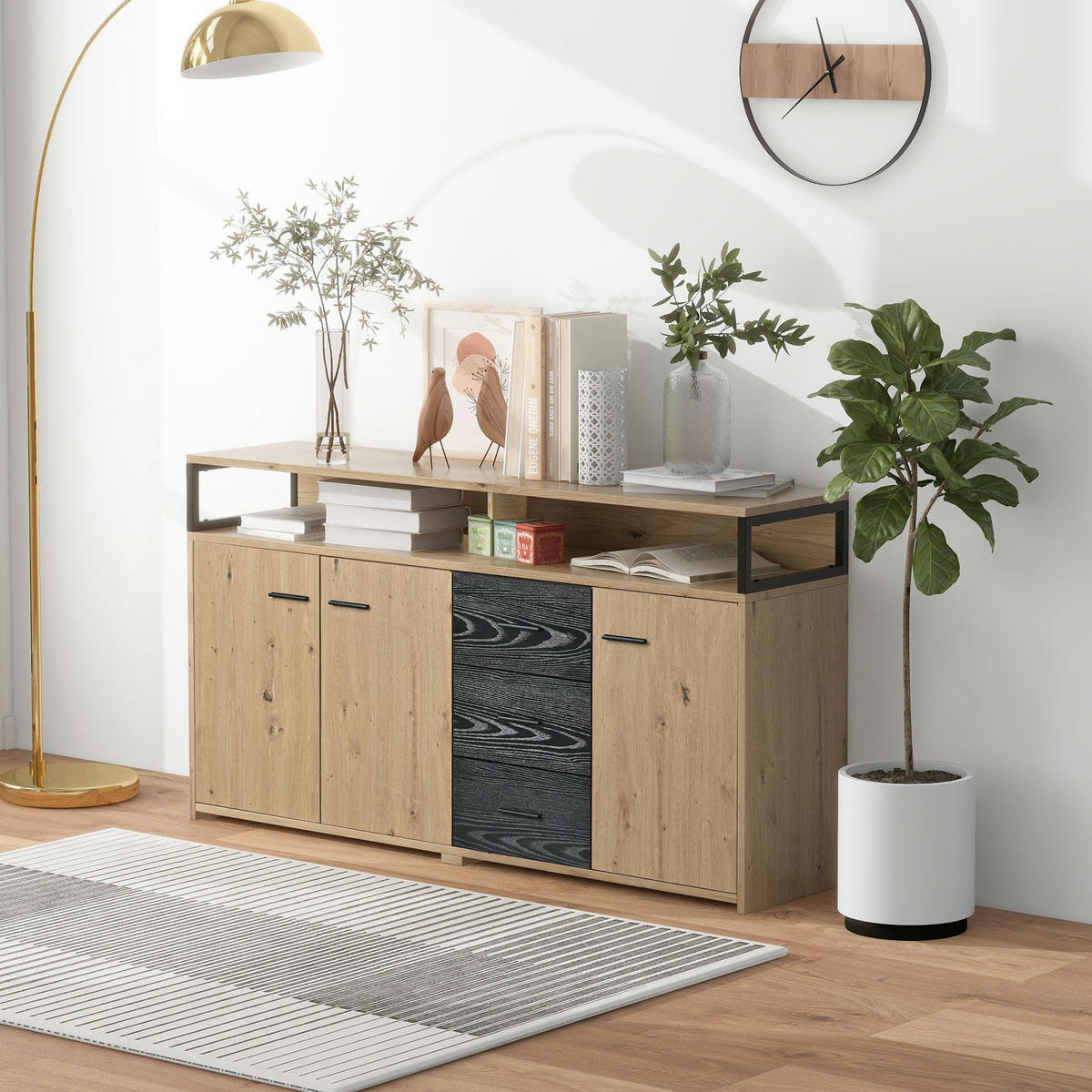 SIDEBOARD mit 3 Türen und 3 Schubladen, verstellbare Einlegeböden, 150/35/75,9 cm, Schwarz/Holzoptik - Naturfarben, Holzwerkstoff (150/75.9/35cm) - Redom