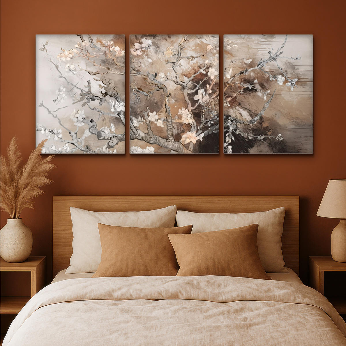 LEINWANDBILD 3er Set Mandelblüte - Abstrakt - Beige 180x80 cm - Beige, Textil (180/80cm) - MuchoWow