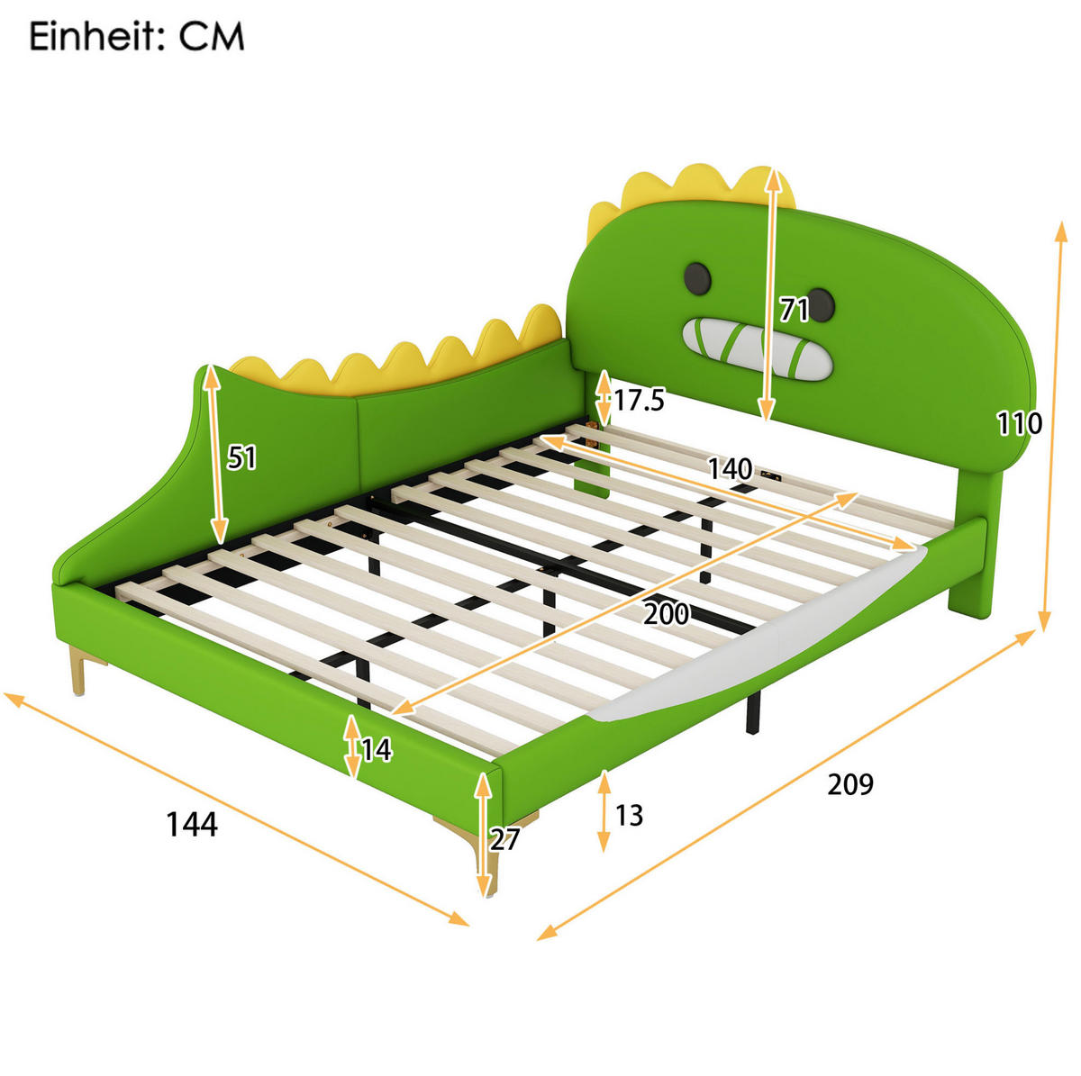 KINDERBETT Dinosaurier 140/200 cm Grün aus PU und MDF - Grün, Kunststoff (140/200cm) - MIVRAY
